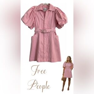 Aureta Free People Studio Celia Denim Mini Dress iCandy Belted Pink Large Rare